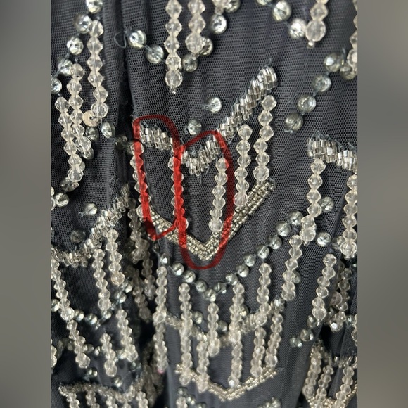 *Flawed Mac Duggal 93804 NWT Gray Beaded Fringe Quarter Sleeve Column Gown - Picture 10 of 11